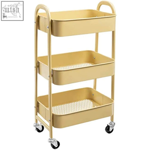 Beige doeworks storage trolley with three metal mesh trays and black caster wheels perfect as a kitchen trolley cart