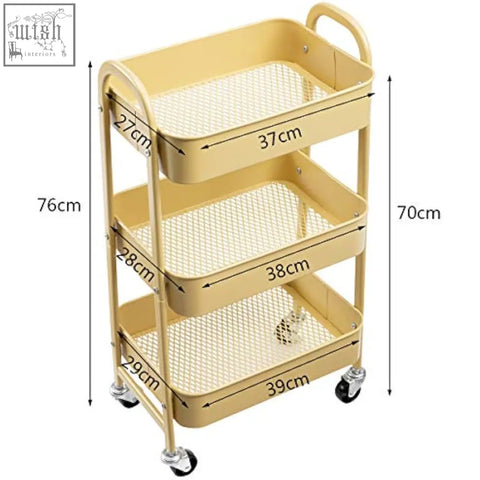 Doeworks three-tiered beige metal storage trolley with mesh trays and wheels perfect as kitchen trolley or utility cart