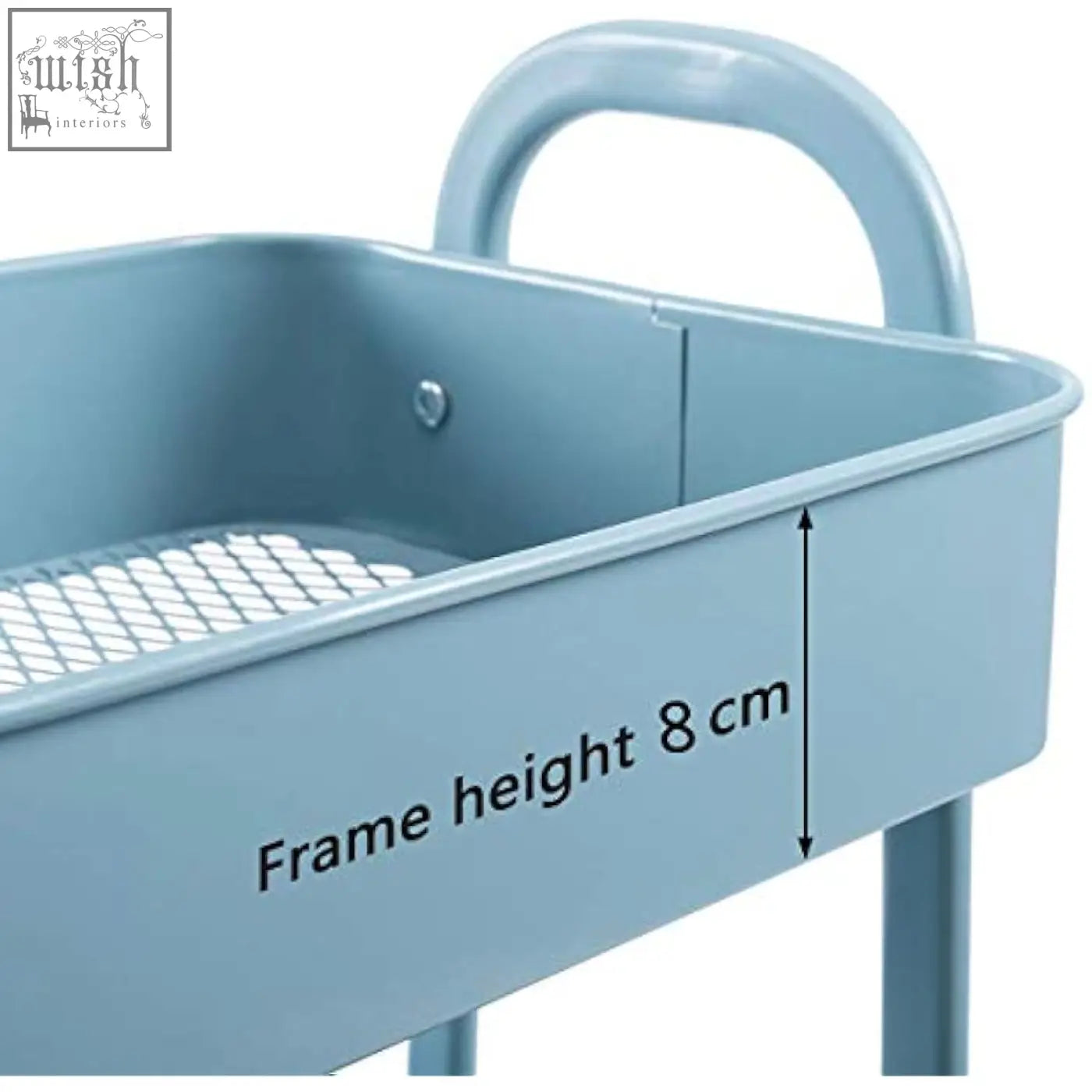 Light blue metal storage trolley with curved handle and mesh bottom perfect as a tier trolley or storage cart