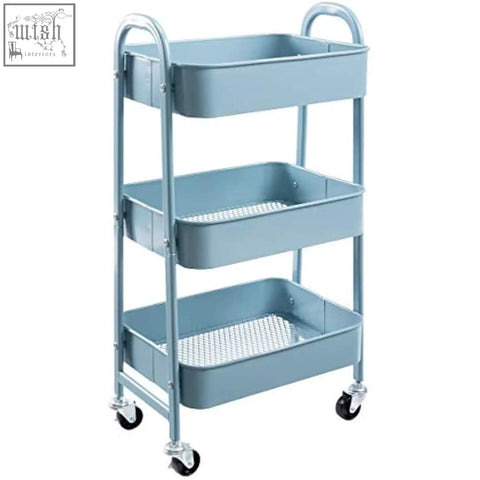Light blue metal storage trolley with three wire mesh tiers and black caster wheels perfect as a kitchen trolley