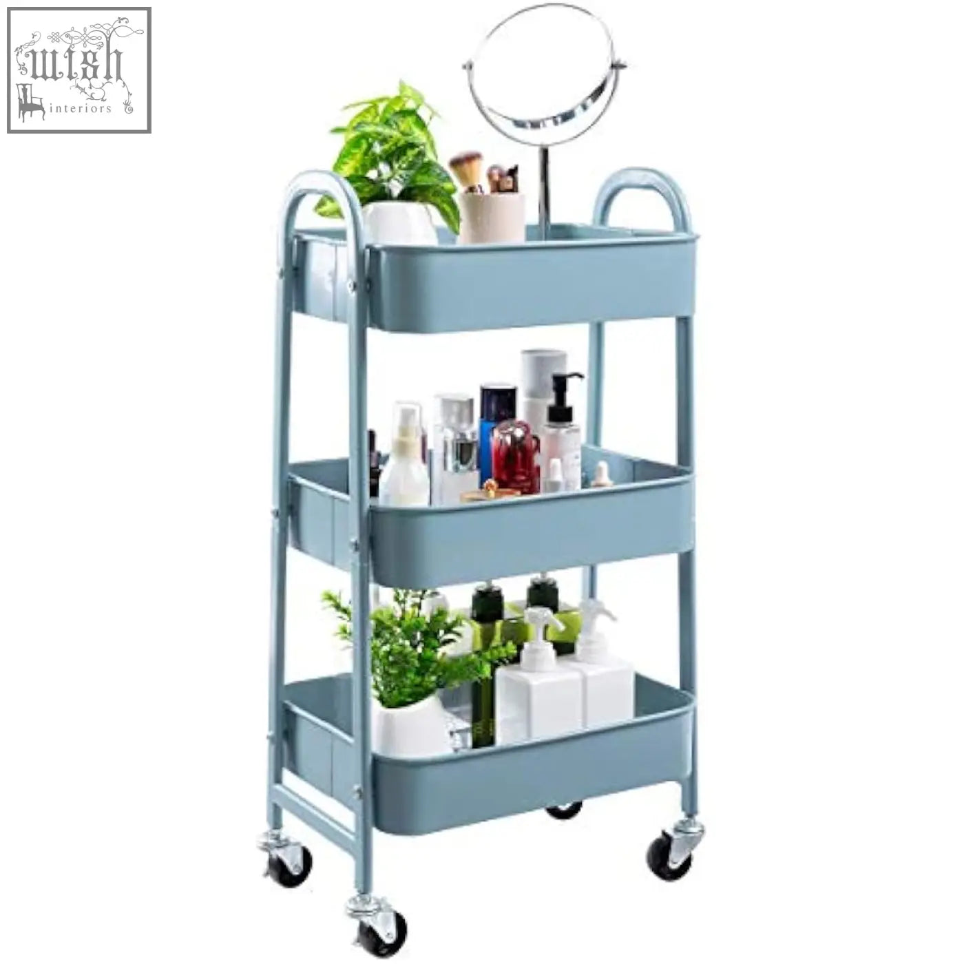 Light blue metal frame storage trolley with three tiers and wheels featuring a round mirror on top shelf