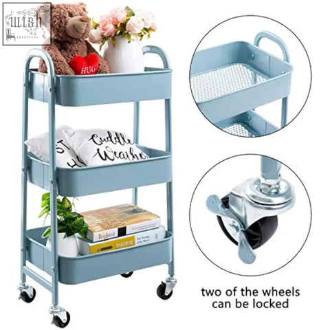 Light blue metal 3-tier storage trolley with mesh trays on wheels ideal as a tier trolley and storage cart