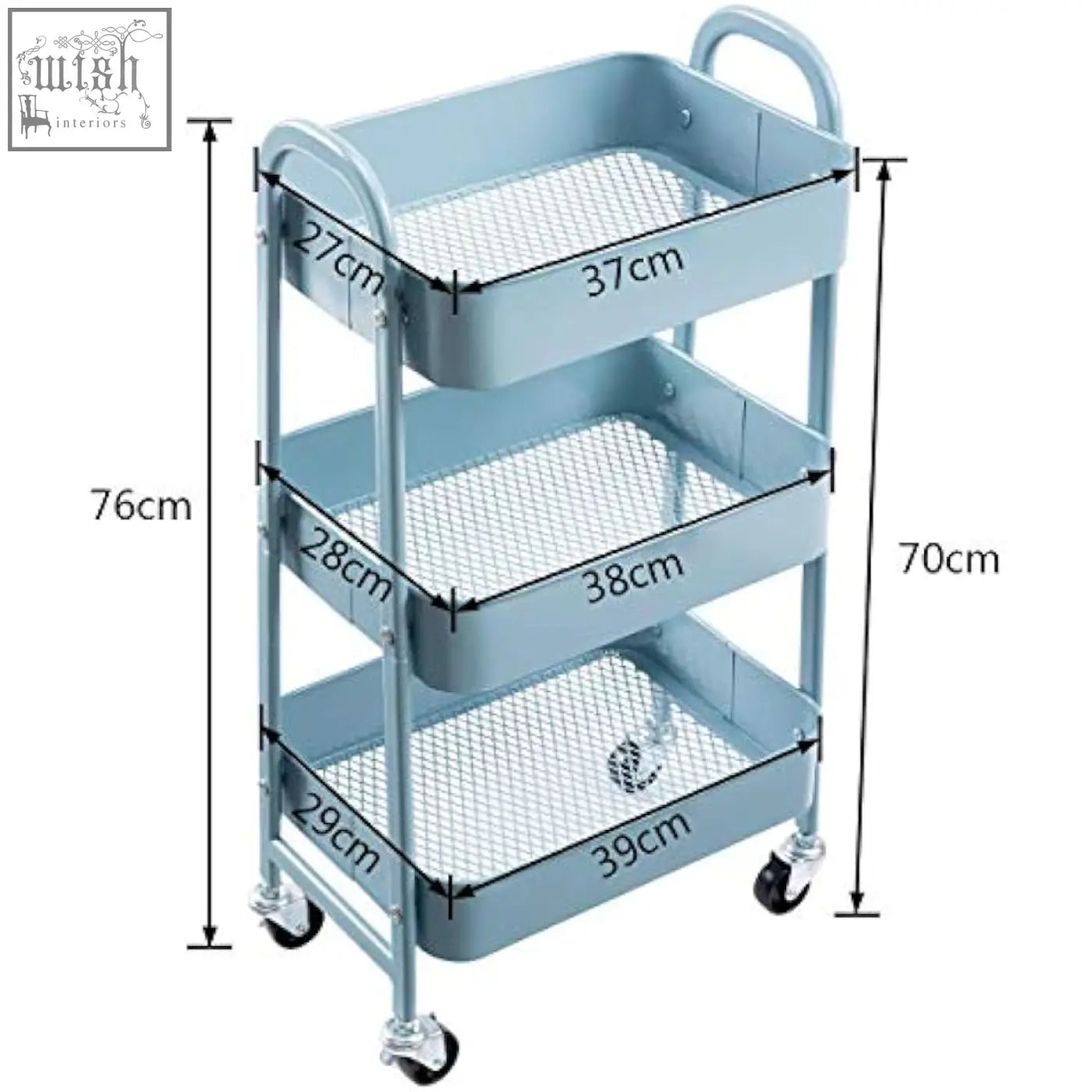 Light blue doeworks metal storage trolley with three mesh tiers and black caster wheels for kitchen or office use