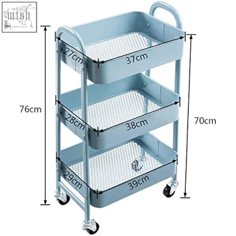Light blue doeworks metal storage trolley with three mesh tiers and black caster wheels for kitchen or office use