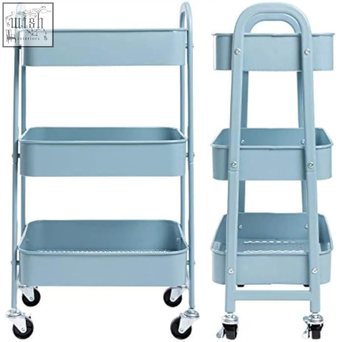 Light blue metal 3-tier rolling storage trolley with black wheels and handle for kitchen or office use
