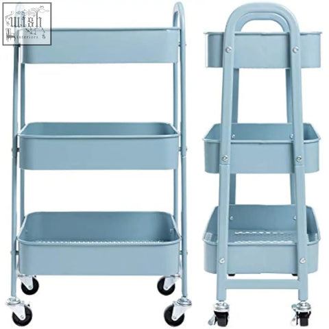 Light blue metal 3-tier rolling storage trolley with black wheels and handle for kitchen or office use