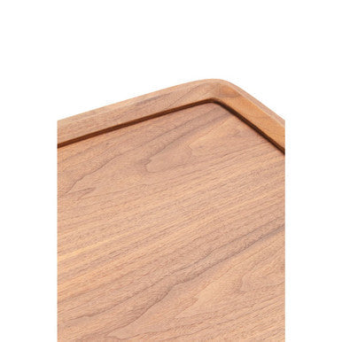 Light brown wooden tray with natural grain on doha coffee table featuring cross metal legs for stylish decor