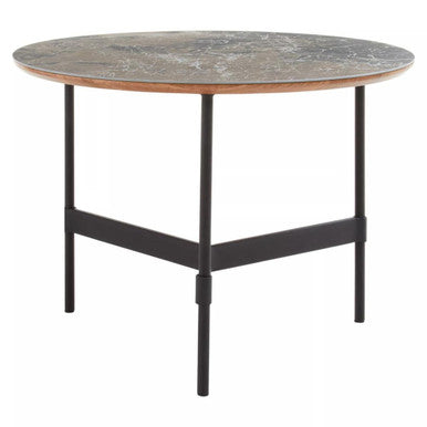 Doha coffee table with a round white marble top and black metal legs perfect for stylish living spaces