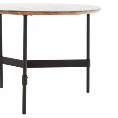 Doha coffee table with round white marble top and black metal legs perfect for stylish living spaces