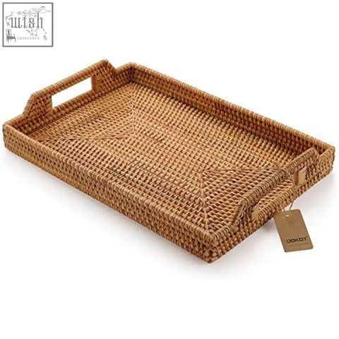 Natural brown woven rattan rectangle serving tray with handles perfect for coffee table food and drinks