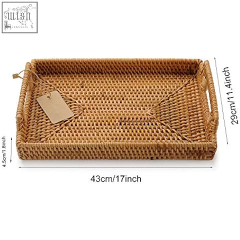 Dokot rectangular rattan serving tray with handles natural tan color perfect for coffee table food and drinks