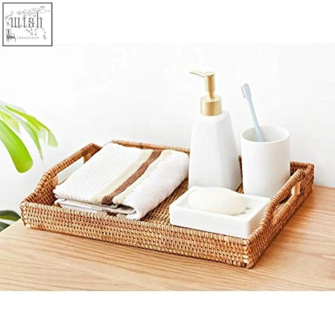 Natural woven rattan rectangle serving tray with handles in light brown perfect for coffee table or serving tray use