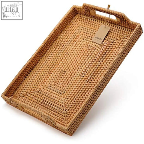 Natural woven rattan rectangle serving tray with handles and geometric pattern perfect for coffee table use