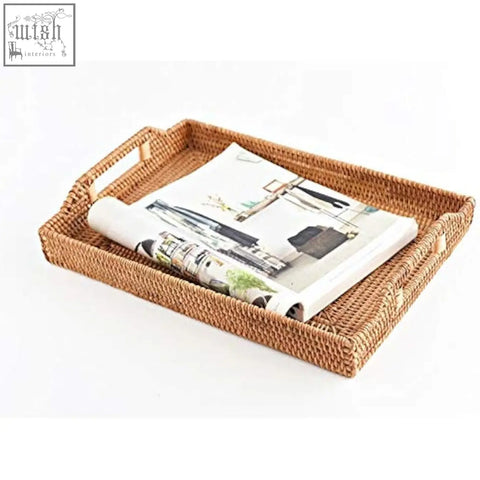 Dokot rattan tray rectangle serving tray with handles in natural tan perfect for coffee table food and drinks