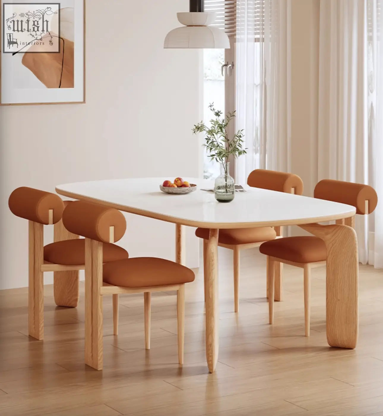 Modern domingo dining set with a sleek white sintered stone table and four brown leather chairs with curved backs