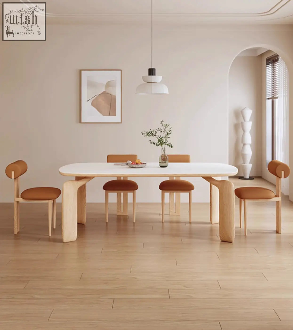 Modern white domingo dining table with sculptural light wood legs and brown leather upholstered chairs