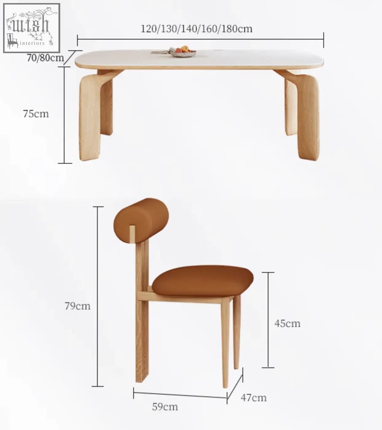 Modern domingo dining table with light wooden smooth surface and curved legs made of sintered stone material