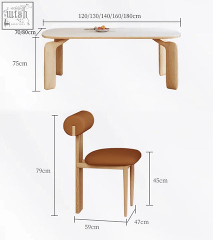 Modern domingo dining table with light wooden smooth surface and curved legs made of sintered stone material