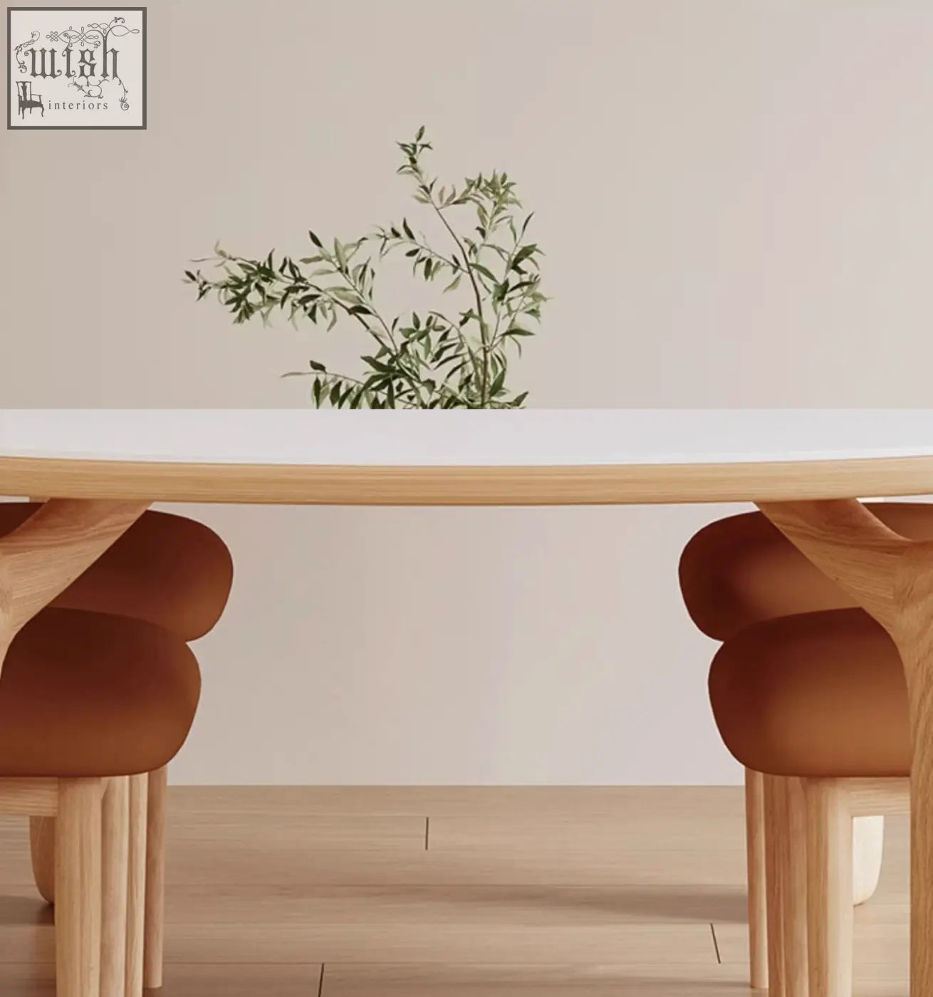 Modern domingo dining table with white sintered stone top and rounded cushioned brown wooden seats