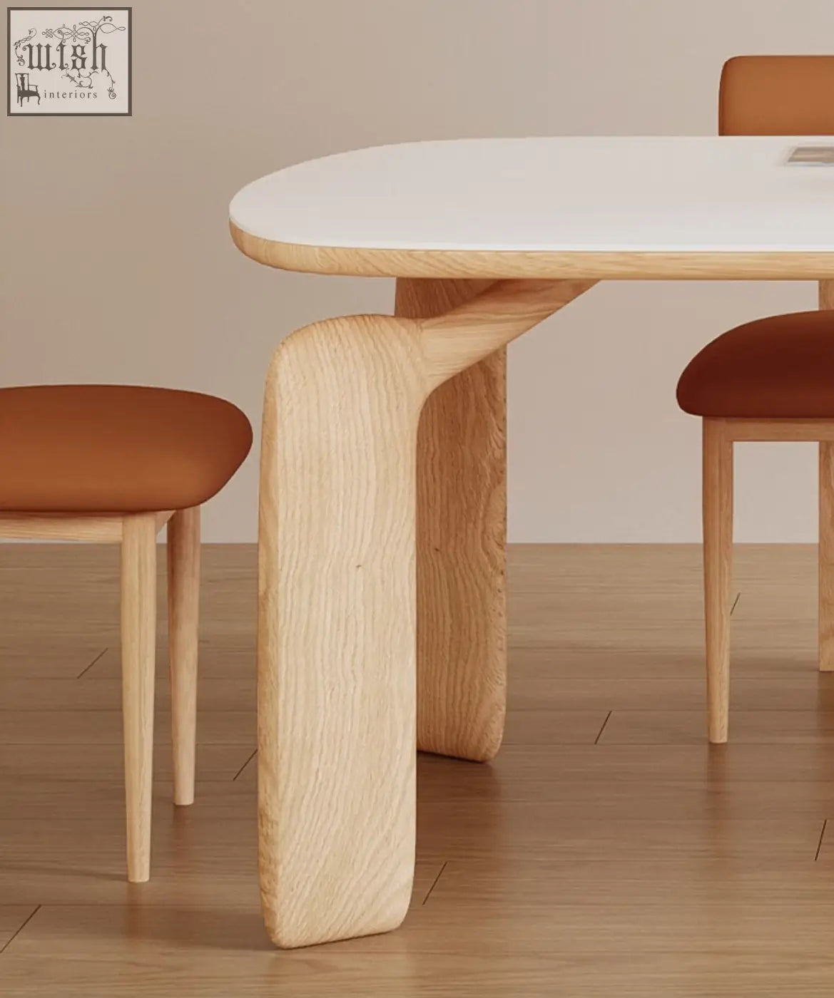 A sleek domingo dining table with a smooth white sintered stone top and sculpted light oak legs for modern dining areas