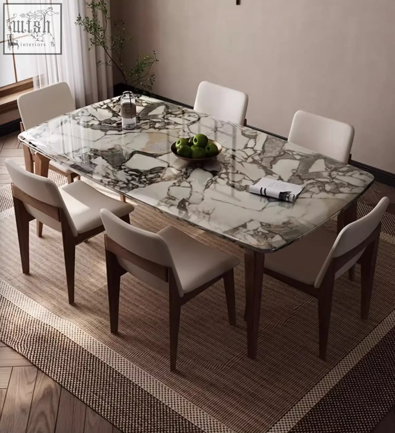 Dominic dining table with gray and white marble texture top featuring natural stone pattern for stylish dining space
