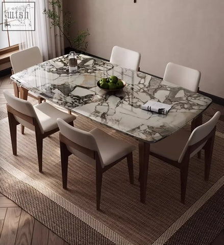 Dominic dining table with gray and white marble texture top featuring natural stone pattern for stylish dining space