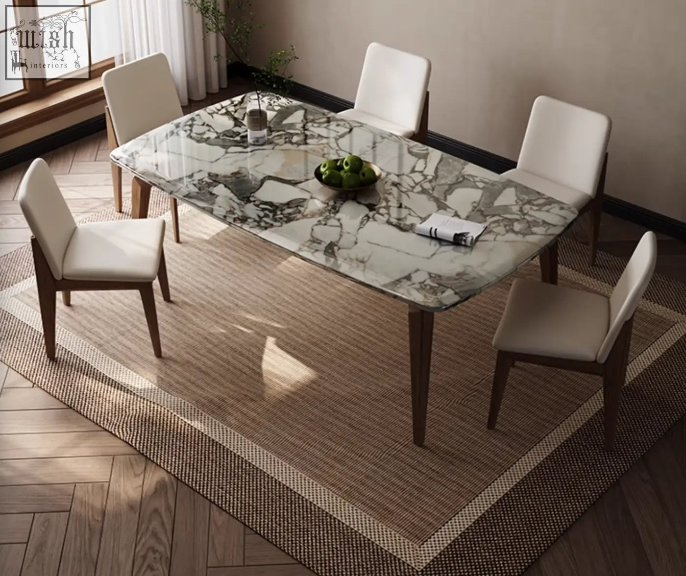 Dominic dining table with marble top featuring natural gray and white patterns and dark wood legs with beige chairs