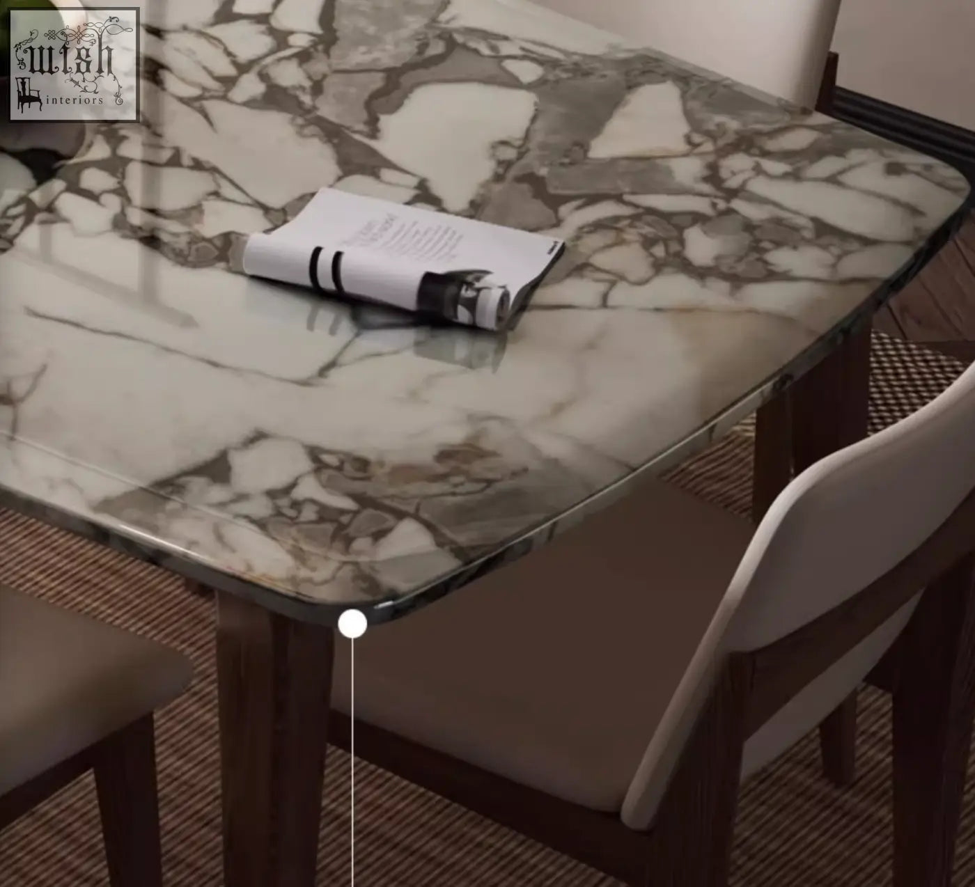 Dominic dining table with marble tabletop featuring natural gray and white marble texture perfect for dining table use
