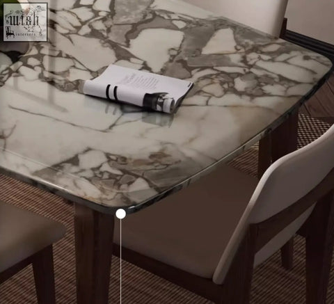 Dominic dining table with marble tabletop featuring natural gray and white marble texture perfect for dining table use