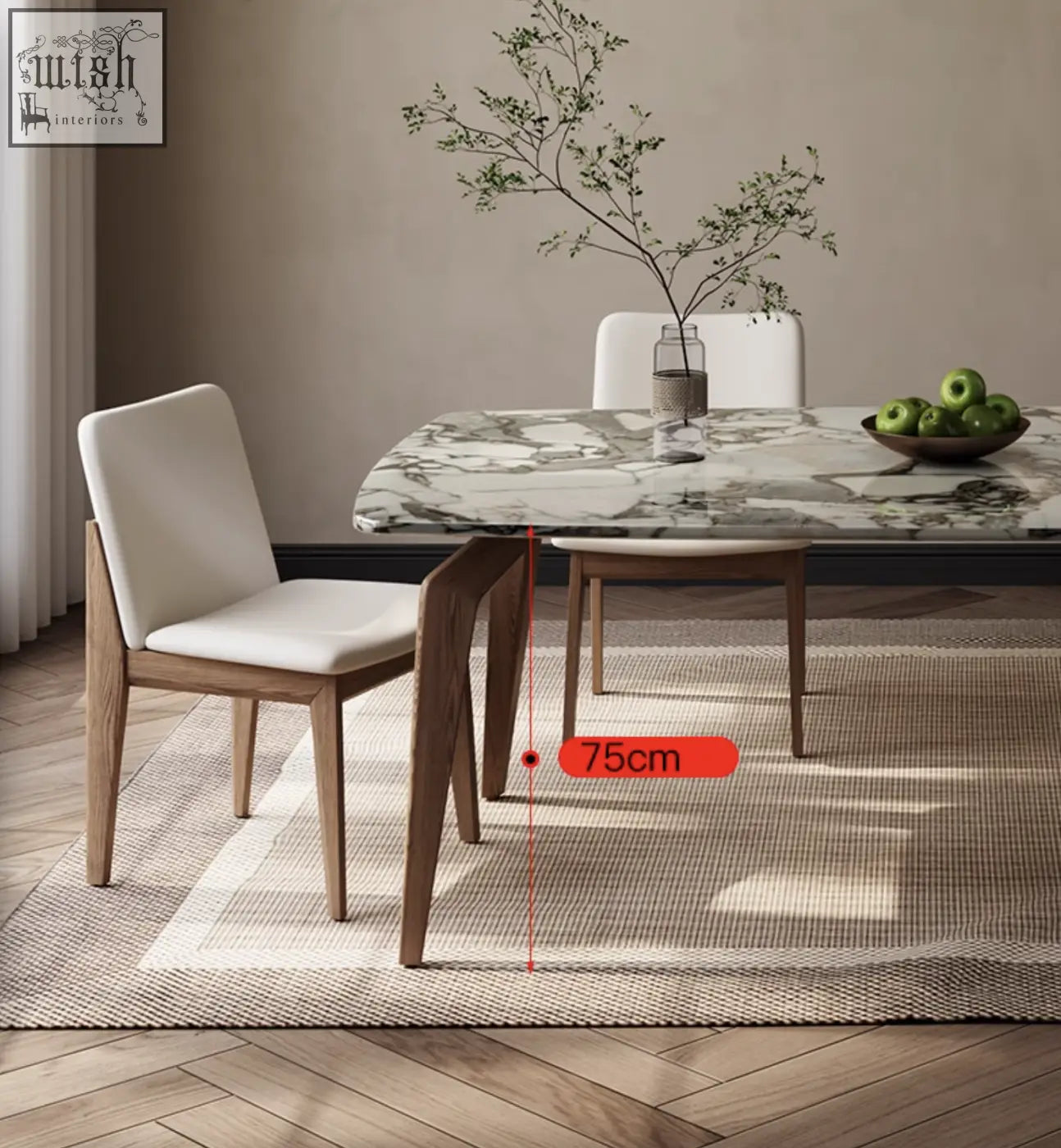Modern dining chair with light wood frame and cream upholstery paired with dominic dining table marble top