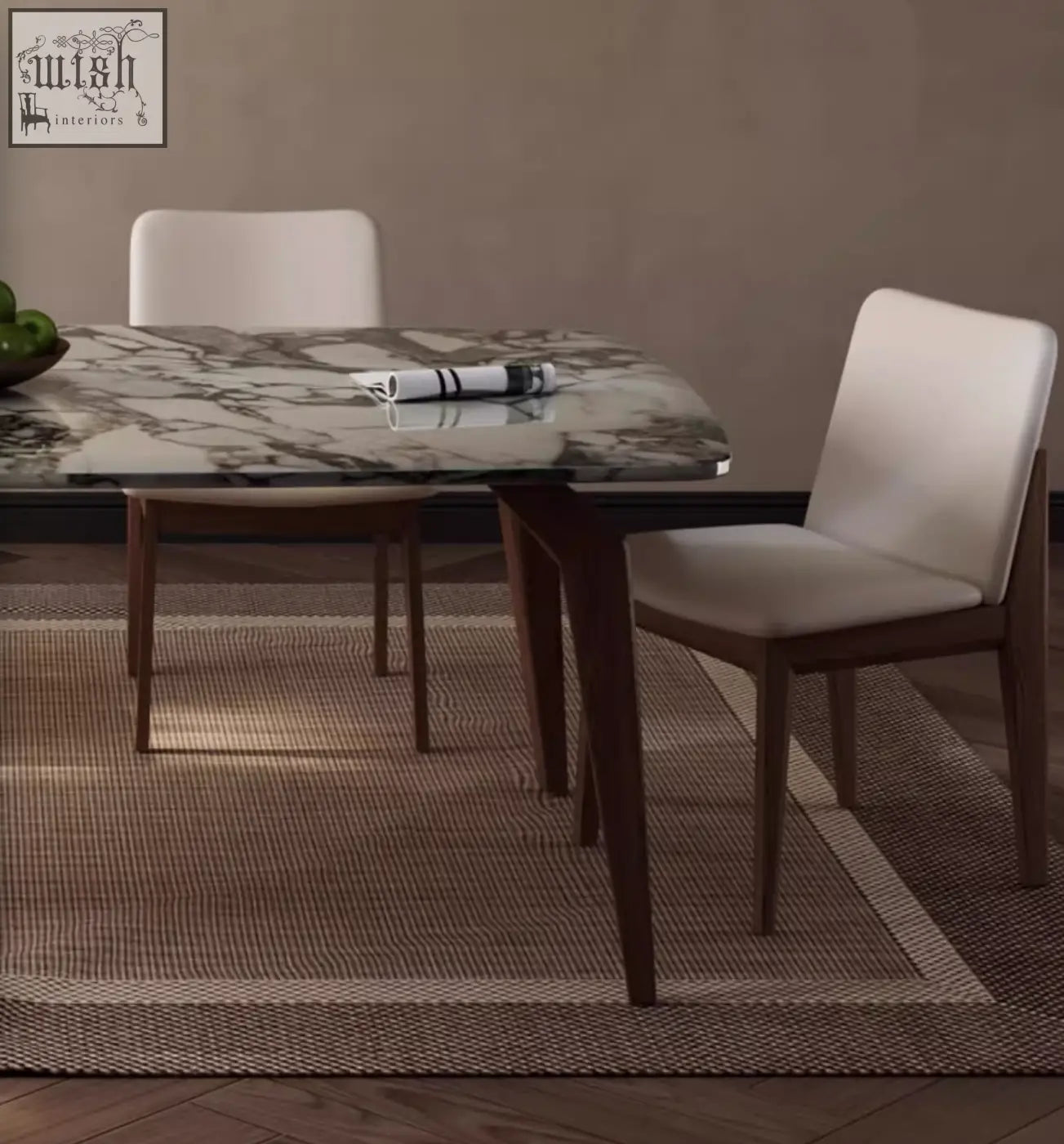 Modern dominic dining table with polished gray and white marble top and sleek dark wood legs