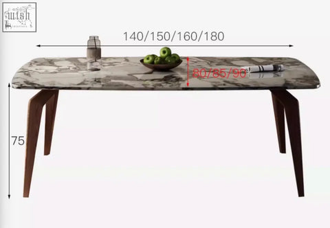 Modern dominic dining table with a sleek marble top and dark wood legs perfect for stylish dining spaces