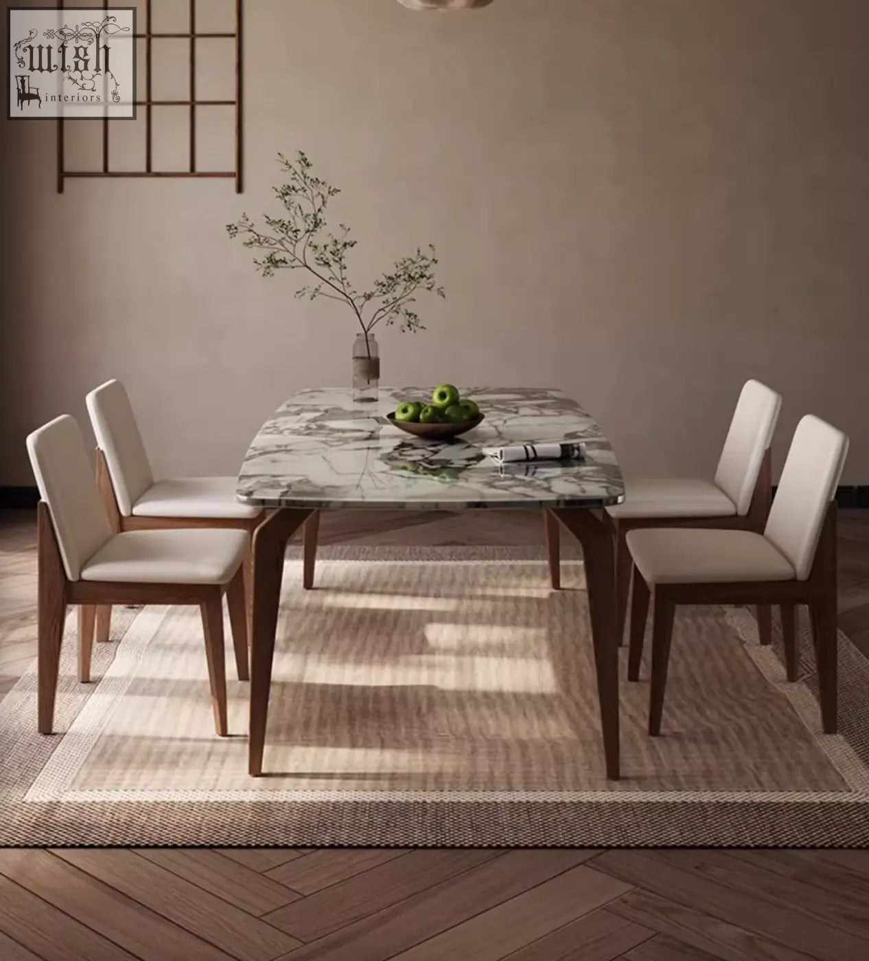 Modern rectangular dominic dining table with polished white marble top and sleek dark wood legs