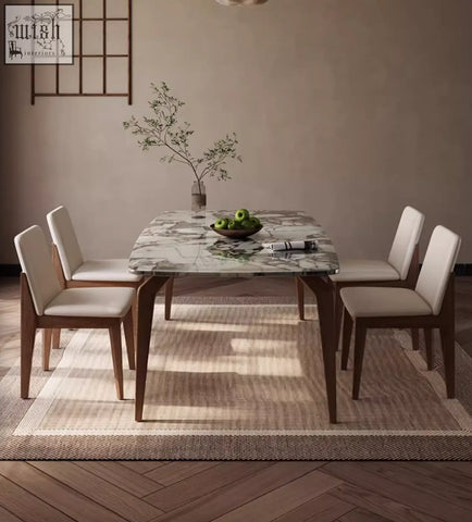 Modern rectangular dominic dining table with polished white marble top and sleek dark wood legs