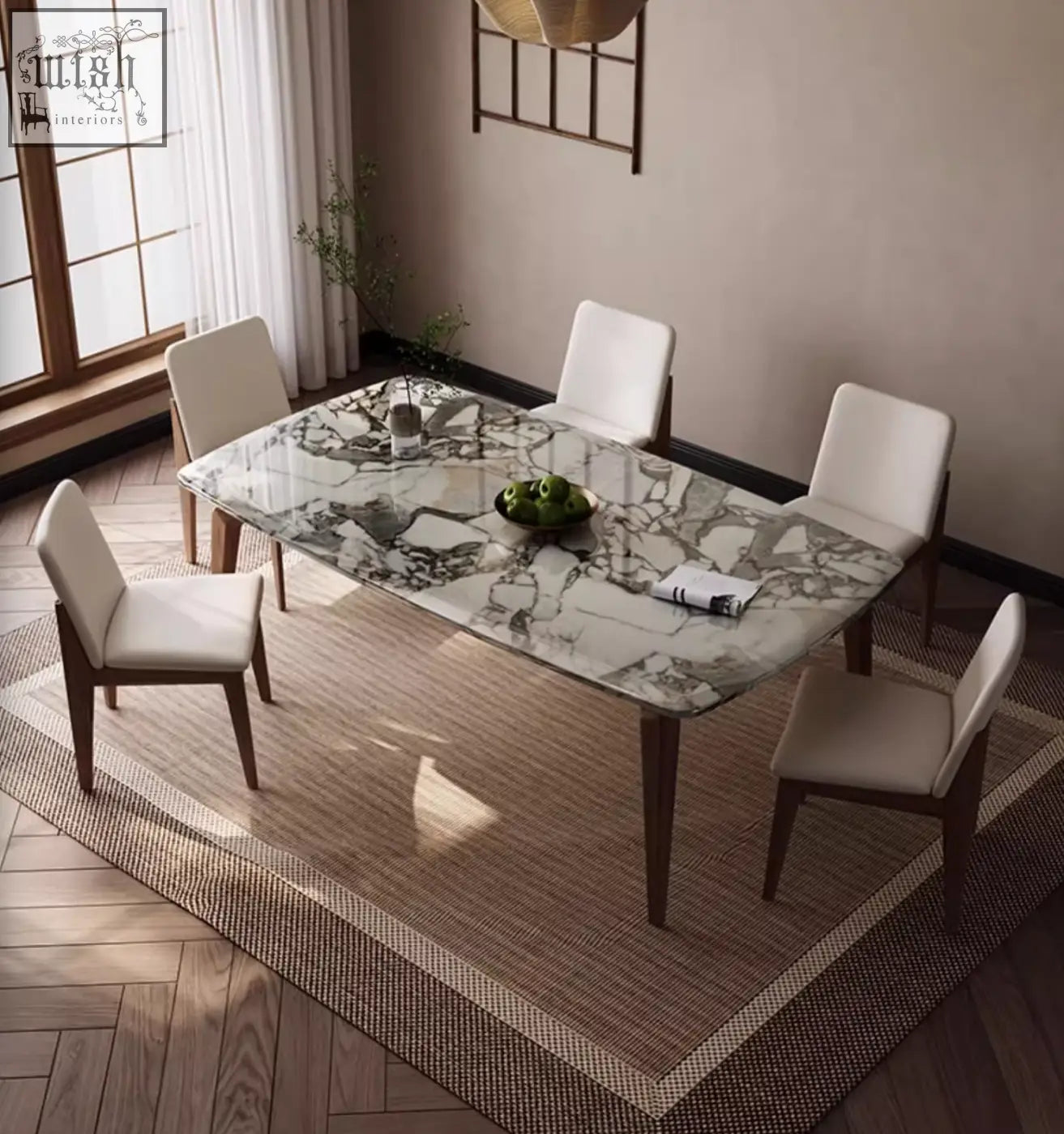 Modern dominic dining table with white and gray marble top wooden legs and beige upholstered chairs
