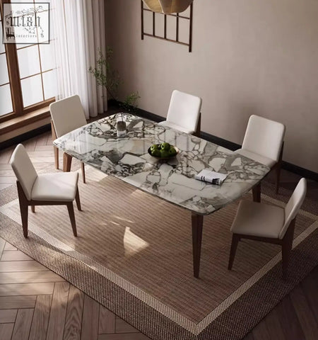 Modern dominic dining table with white and gray marble top wooden legs and beige upholstered chairs
