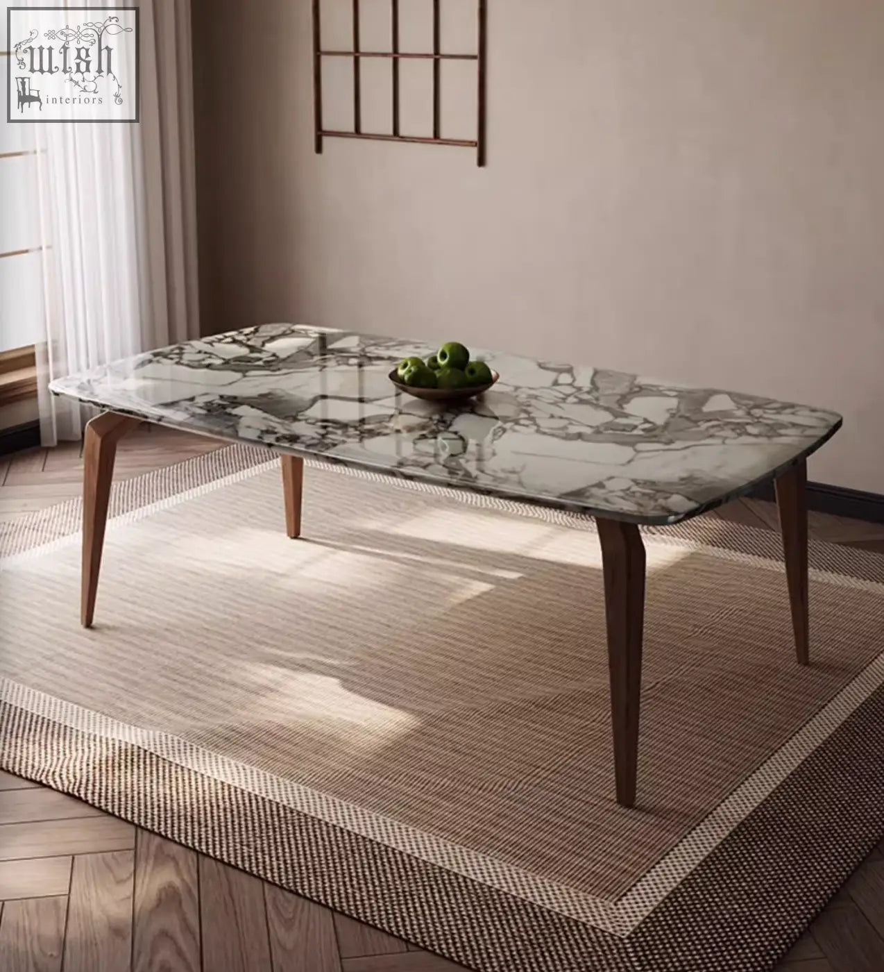 A sleek rectangular dominic dining table with a polished white and gray marble top and tapered wooden legs