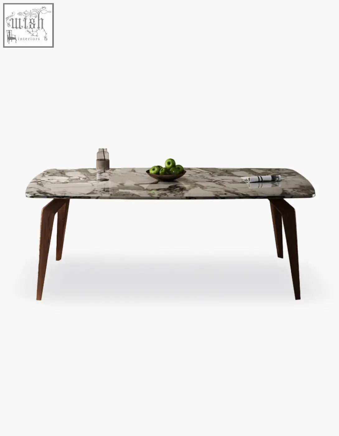 A sleek rectangular dominic dining table with a polished gray and white marble top and dark wood legs