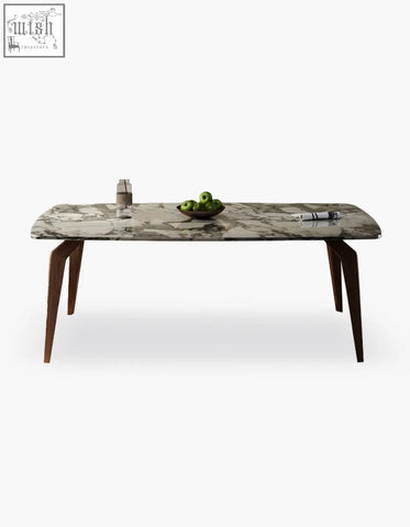 A sleek rectangular dominic dining table with a polished gray and white marble top and dark wood legs