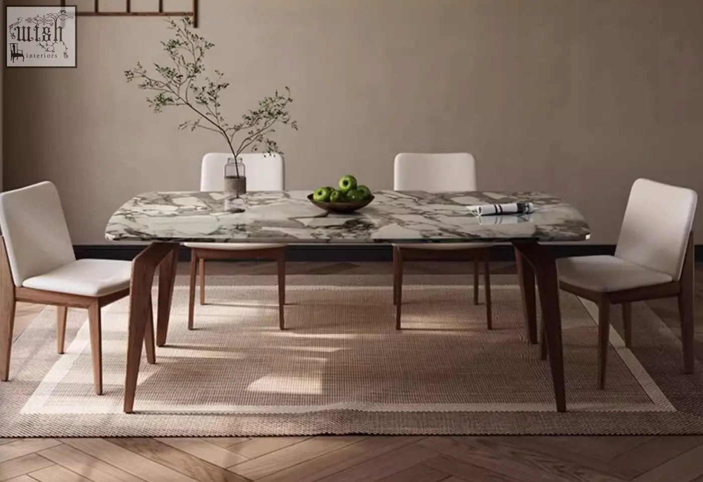 Marble-top dominic dining table with dark wood legs featuring sleek modern design for stylish dining spaces