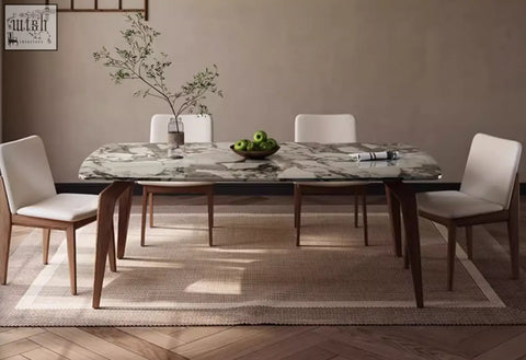 Marble-top dominic dining table with dark wood legs featuring sleek modern design for stylish dining spaces