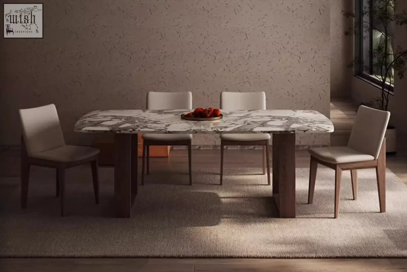 Donovan dining table marble with natural gray white marble top and dark wood legs paired with beige upholstered chairs