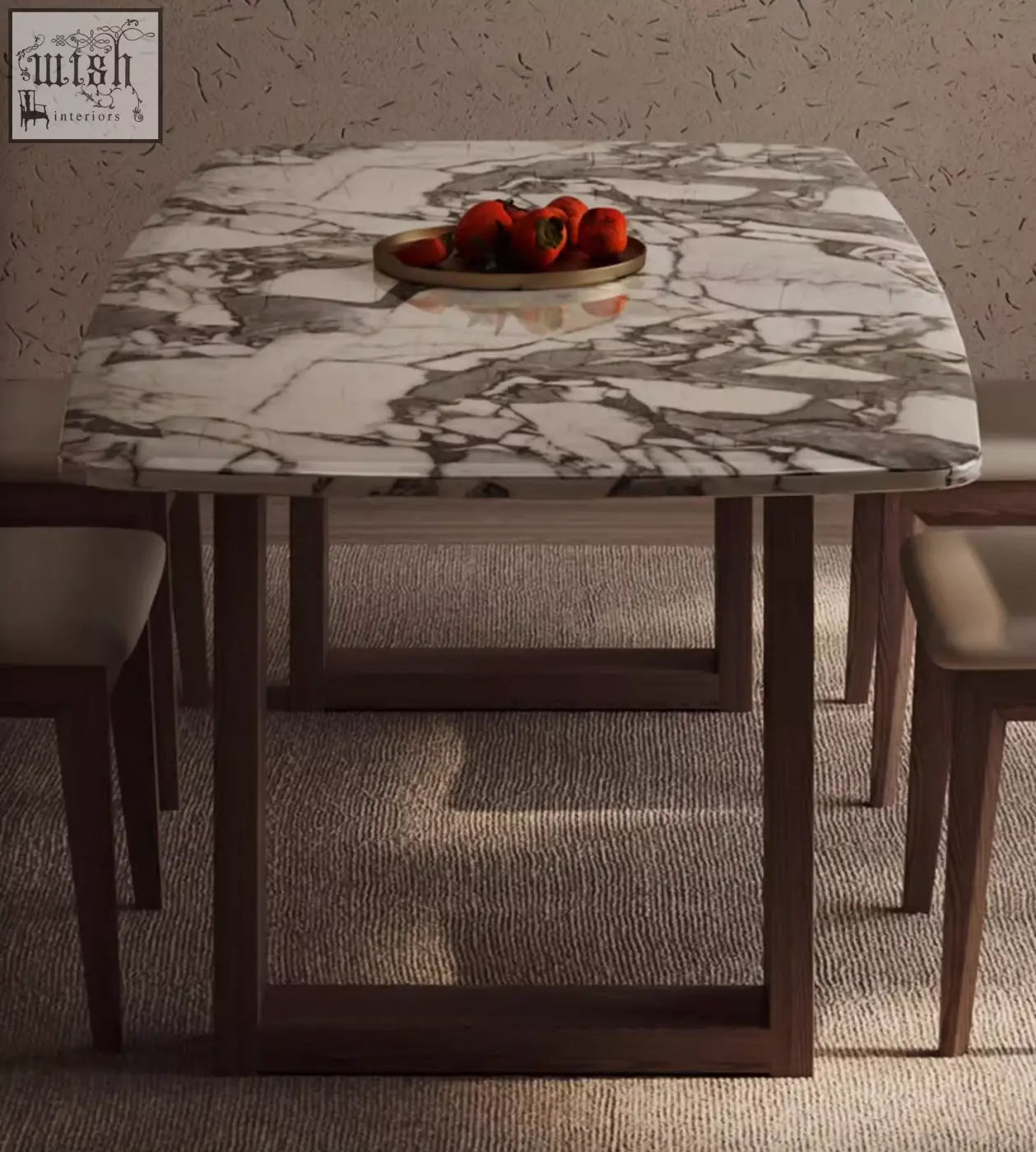 Donovan dining table with marble top and dark wood legs features a square dining table perfect for modern dining spaces