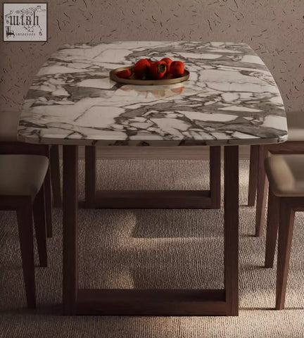Donovan dining table with marble top and dark wood legs features a square dining table perfect for modern dining spaces