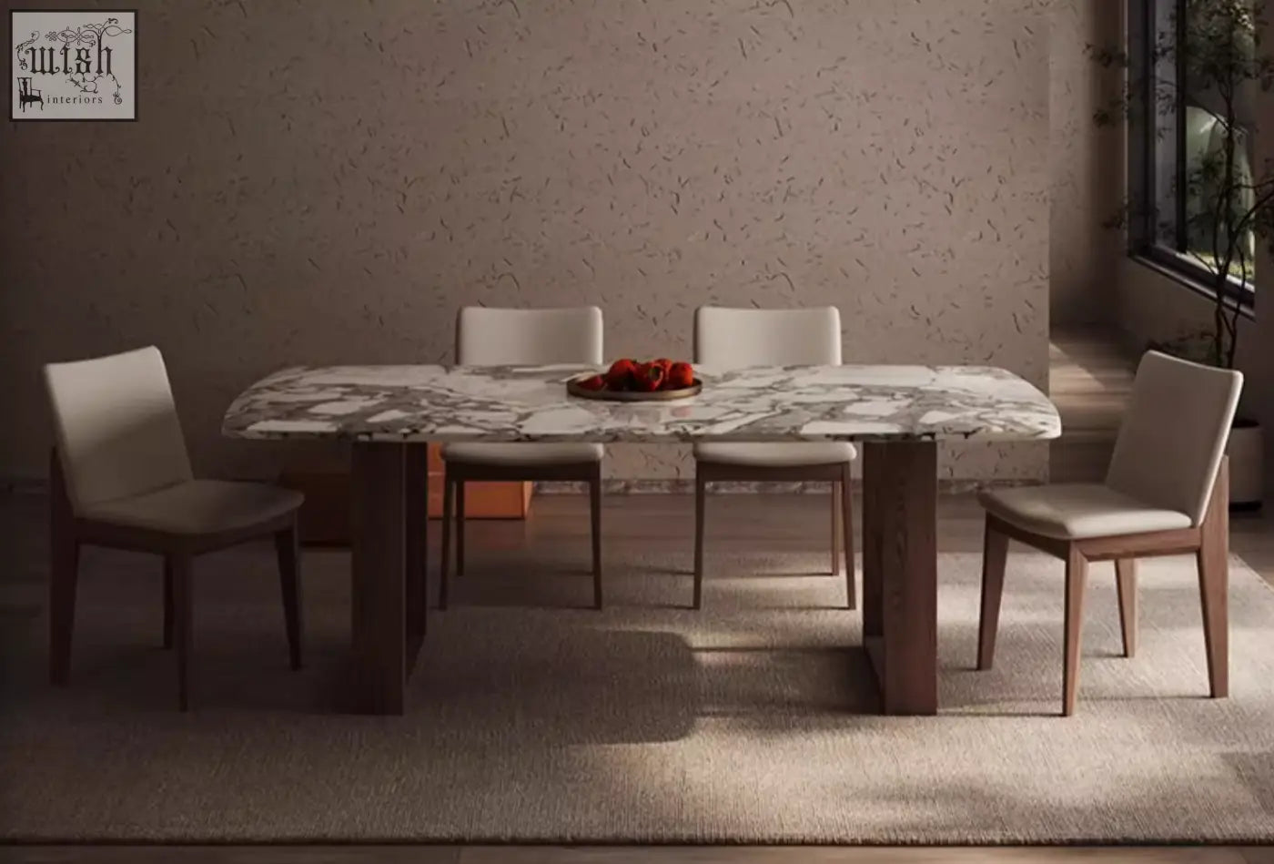 Elegant donovan dining table with white and gray marble top and dark wood legs surrounded by matching chairs