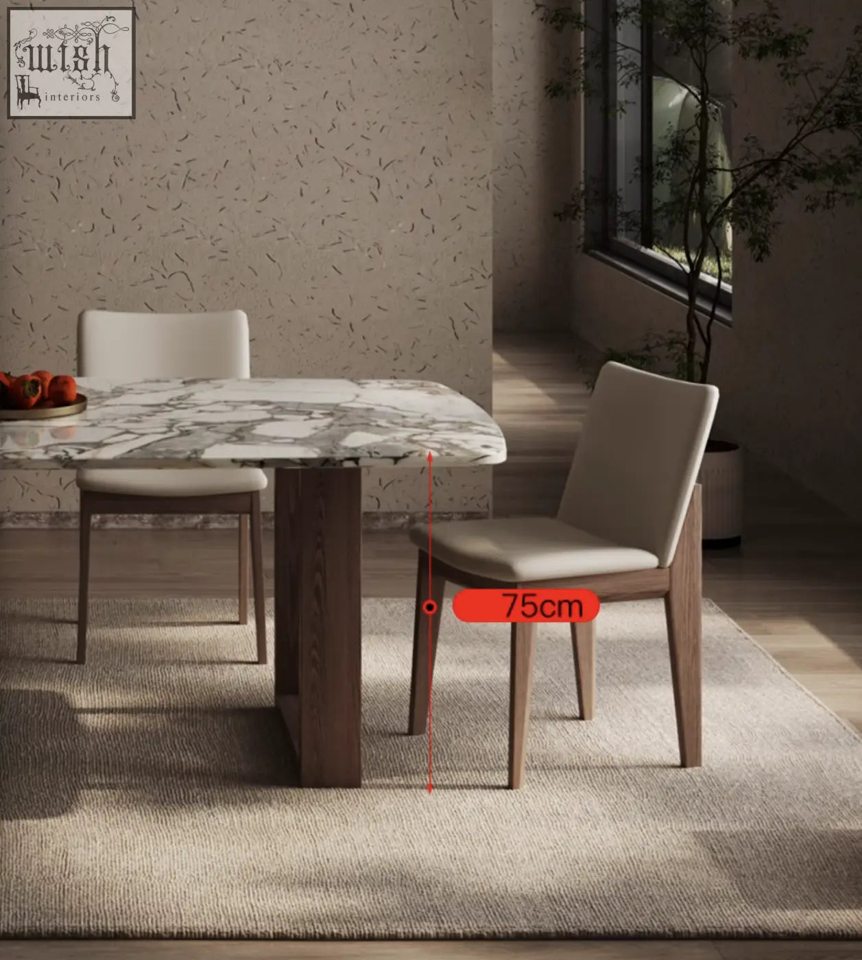 Modern dining chair with light beige upholstery and wooden legs perfect for the donovan dining table marble set