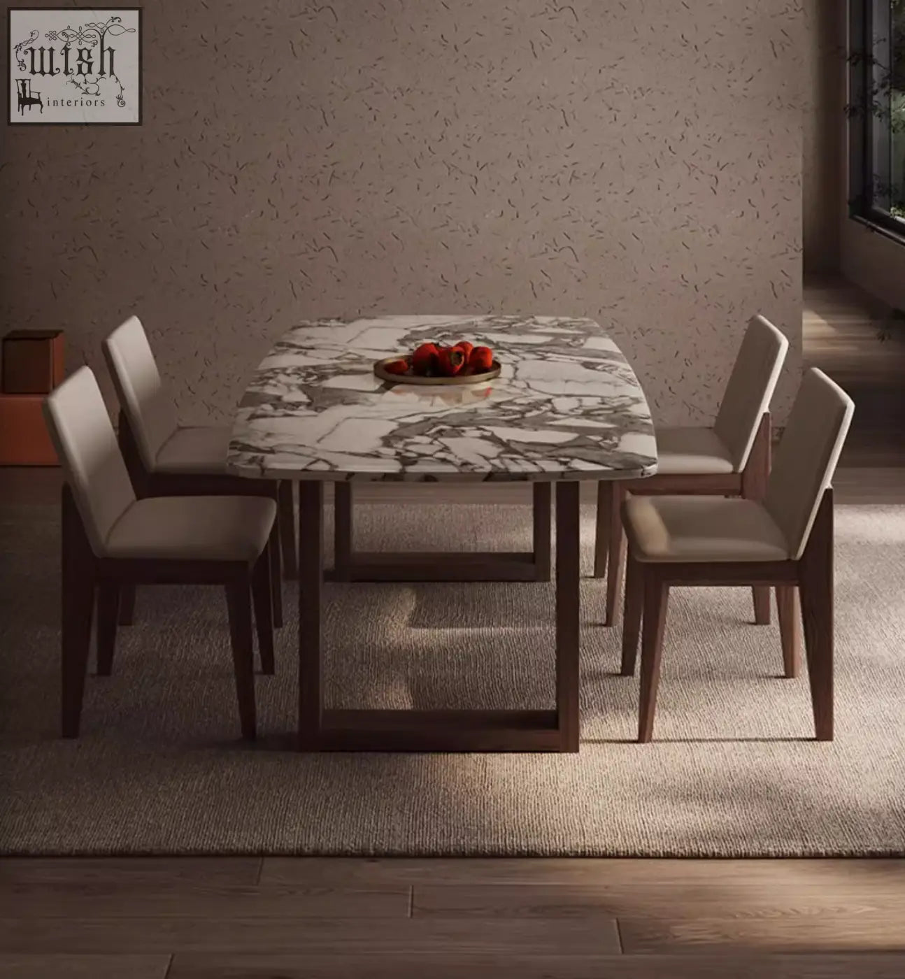 Donovan dining table modern table with white and gray marble top and dark wood legs surrounded by matching chairs