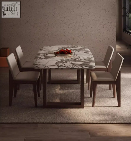 Donovan dining table modern table with white and gray marble top and dark wood legs surrounded by matching chairs