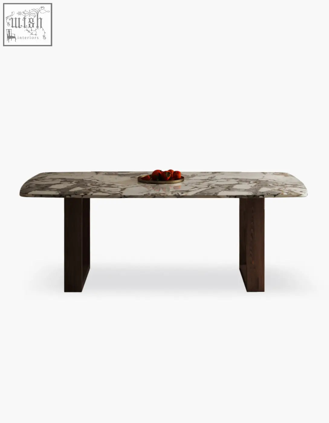 A sleek donovan dining table with a polished white and gray marble top and dark wood legs perfect for dining room use