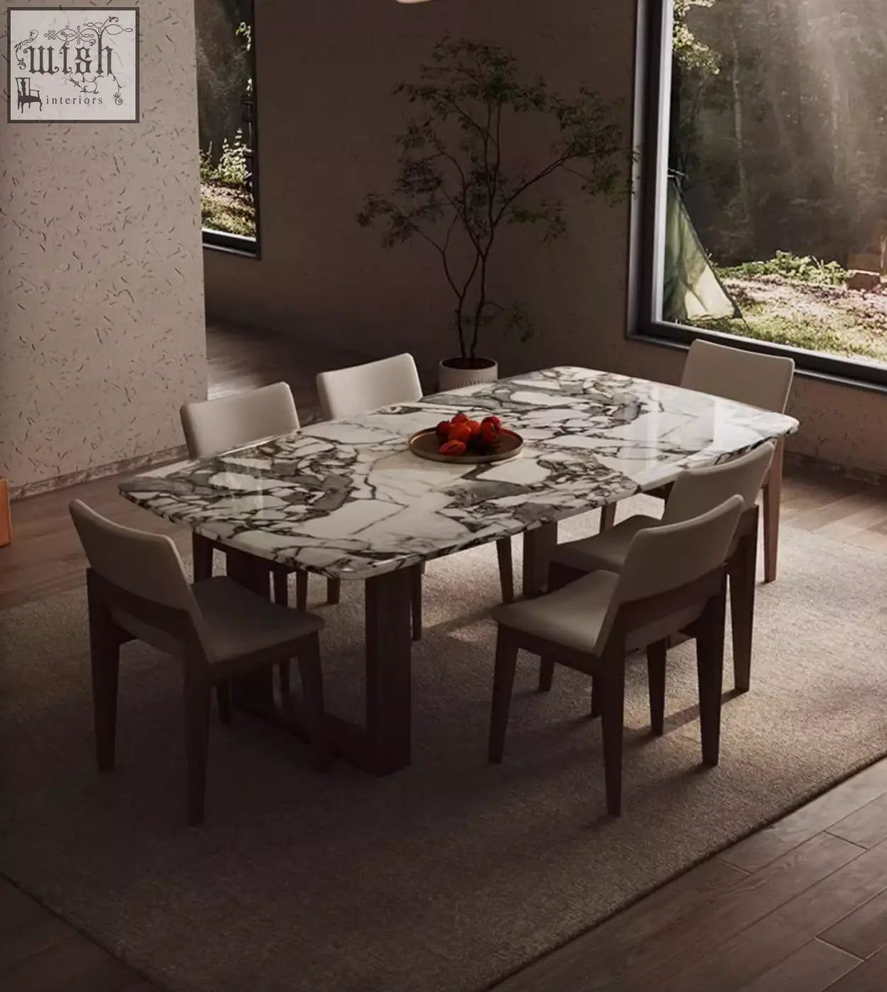 Donovan dining table marble with sleek white and gray top and dark wooden legs for a modern dining table setup